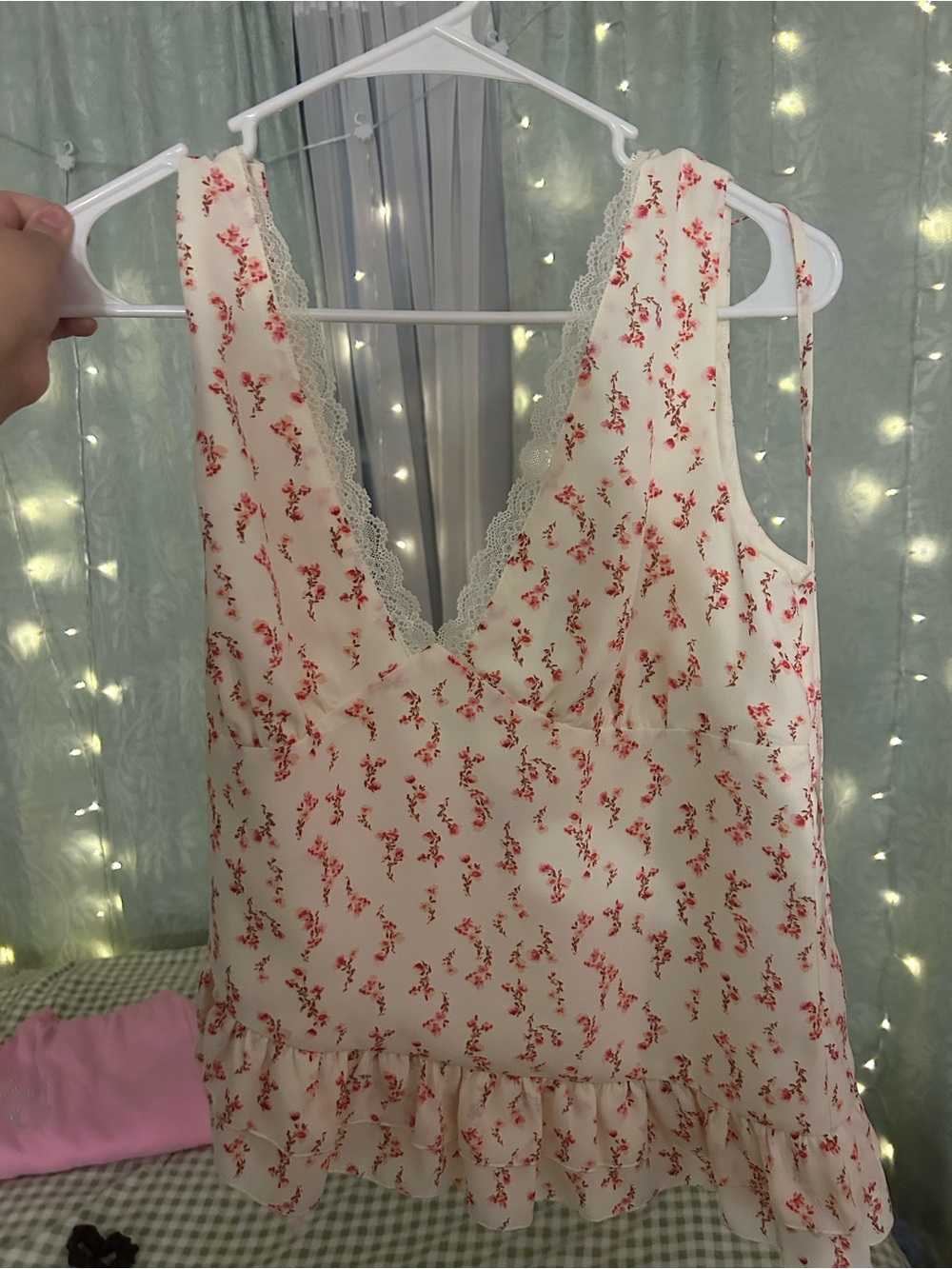 wild fable Cream Floral Lace-Trim Ruffle Tank Top